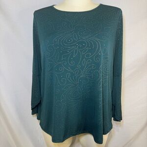 Amana Bell Sleeve Green And Gold Top Shirt‎ Blouse Size 1X